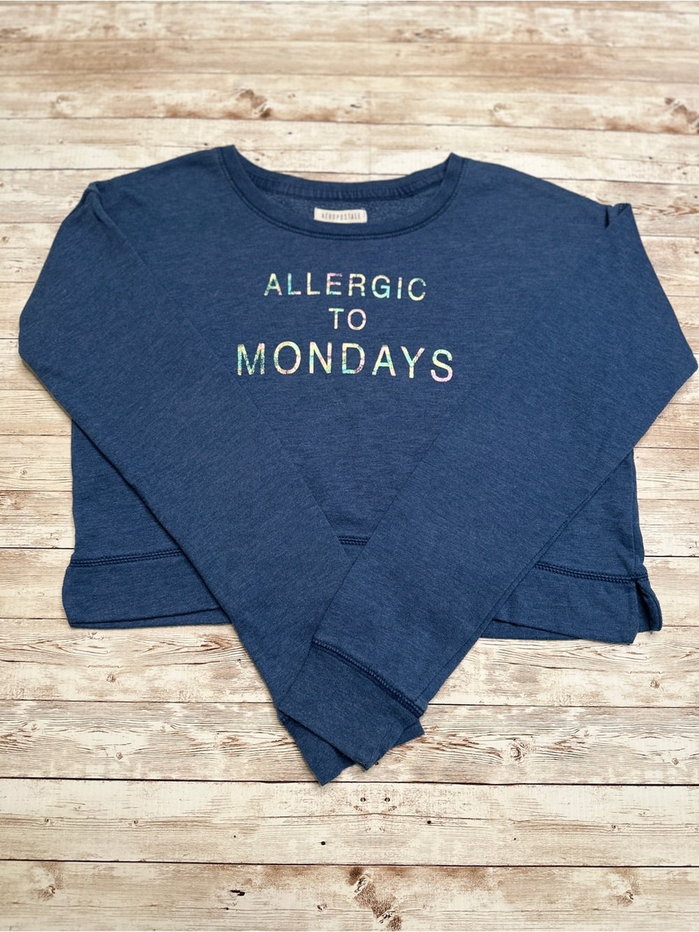 Aeropostale Navy 'Allergic to Mondays' Cropped Crewneck Sweatshirt